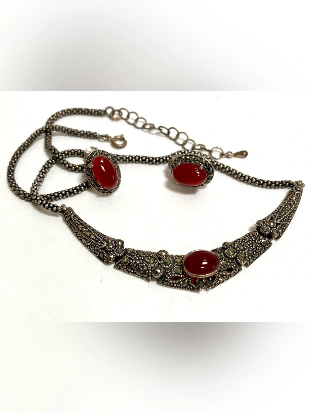 925 Sterling Silver Carnelian & Marcasite Jewelry Set